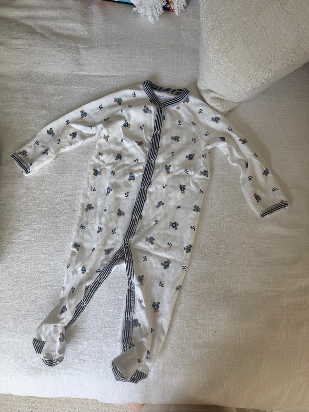 Ralph Lauren Teddy Bear White & Navy One-Piece Sleeper